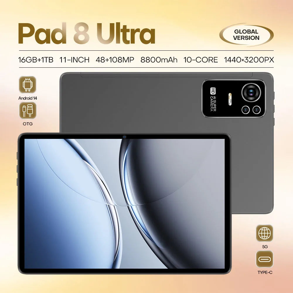 Original Pad 8 Ultra 11 Inch 16GB RAM 1TB ROM tablet Android 14 Core Pad Tablet PC Phone Dual Wifi tablette android 8800mah.