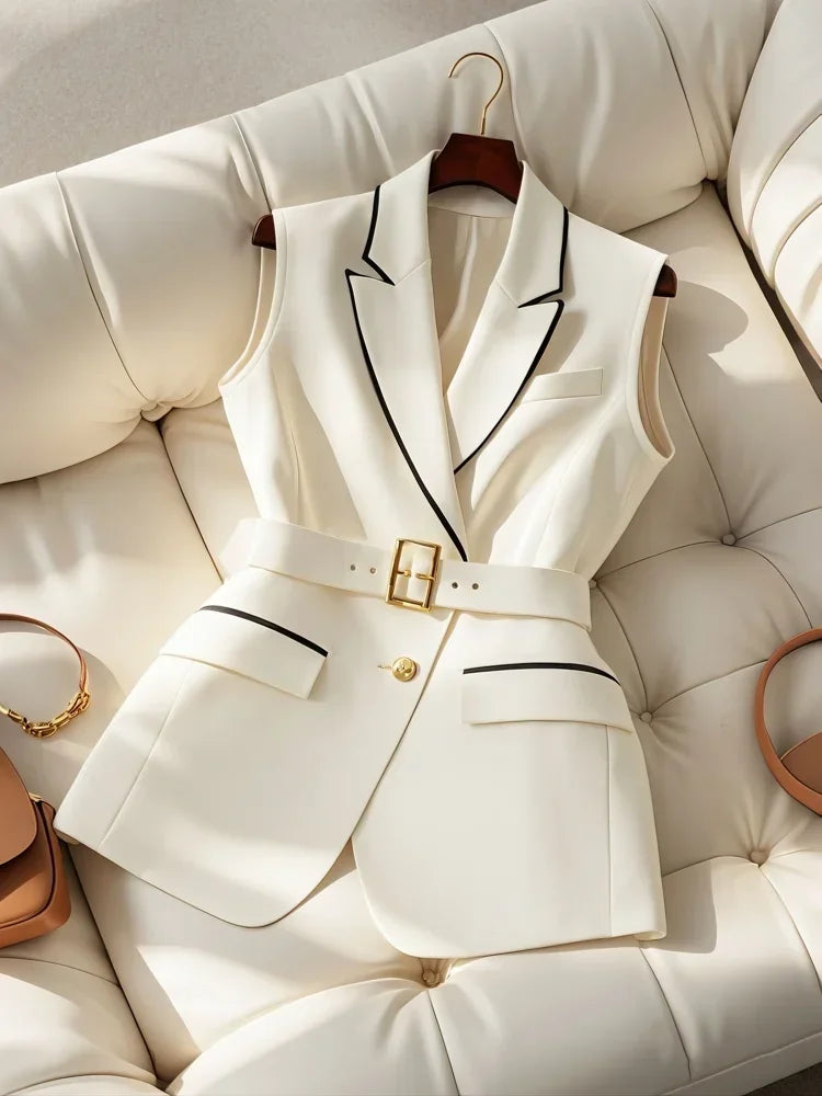 Korean Fashion Weißen Anzug Weste Frauen Kleidung Herbst Neue Hohe Taille Elegante Abnehmen Ärmellose Mantel Frauen Tops Koreanische Mode.