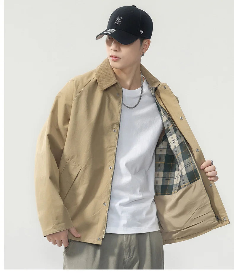 Lapel Jacket Men Spring Autumn Japanese Korean Streetwear Fashion Loose Casual Vintage Cargo Jacket Coat Outerwear.