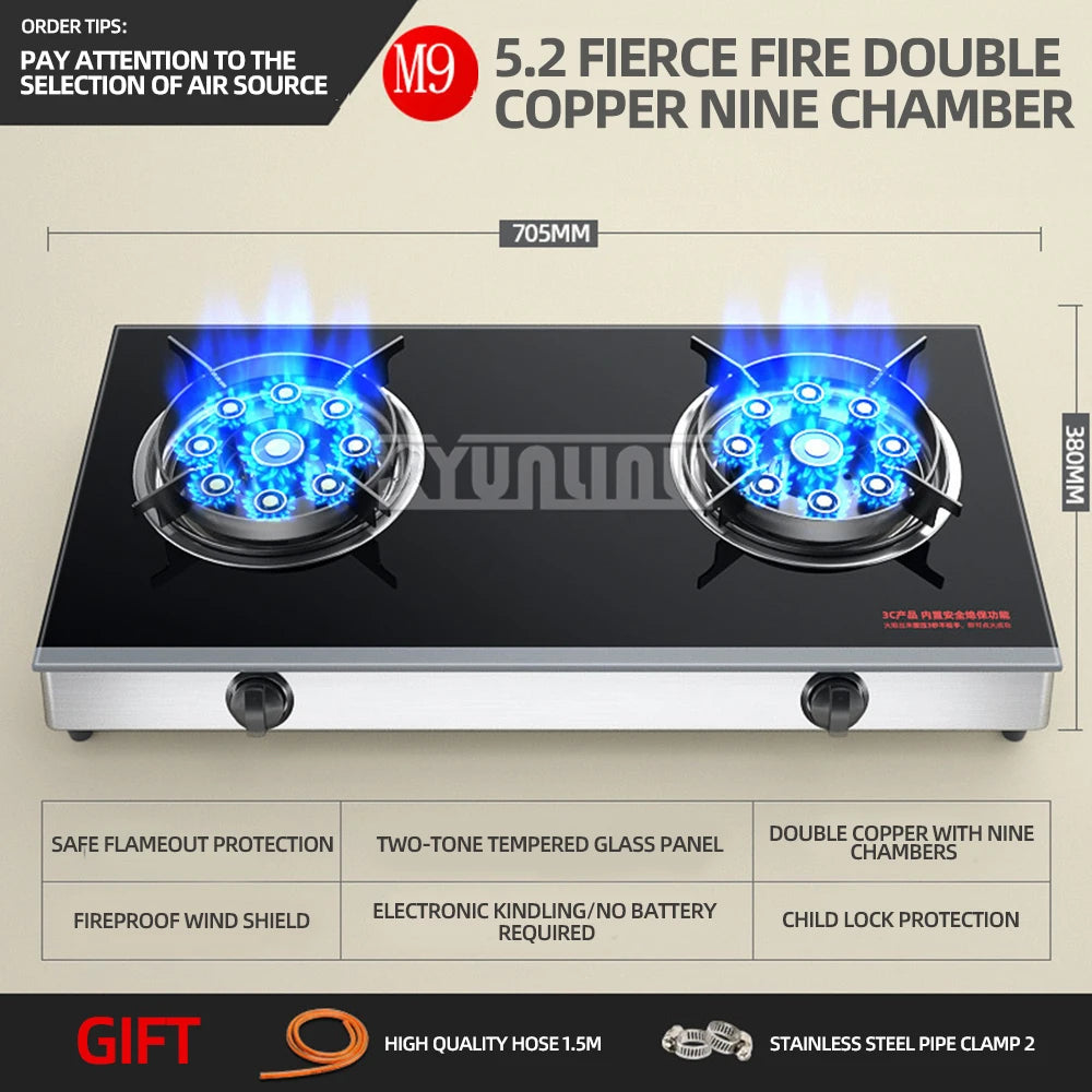 Household Desktop Natural Gas Liquefied Gas Timing Stove Double-Hole Fierce Fire Kitchen Cooker Tool.