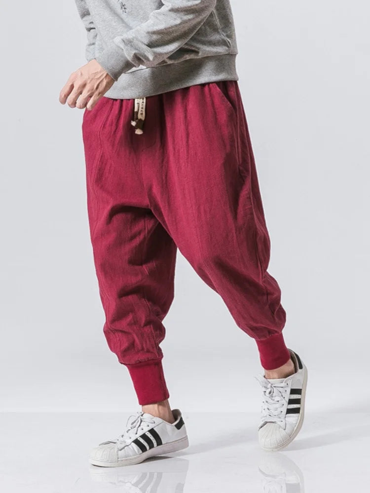 Cotton Linen Harem Pants Men Solid Elastic Waist Streetwear Joggers 2024 New Baggy Drop-crotch Pants Casual Trousers Men.