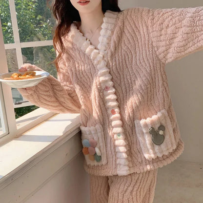 Verdickte Warme Flanell Frauen Nachtwäsche Loungewear Strickjacke Anzug Winter Süße Kawaii Weiche Fee Wind Damen Pyjamas Homewear.