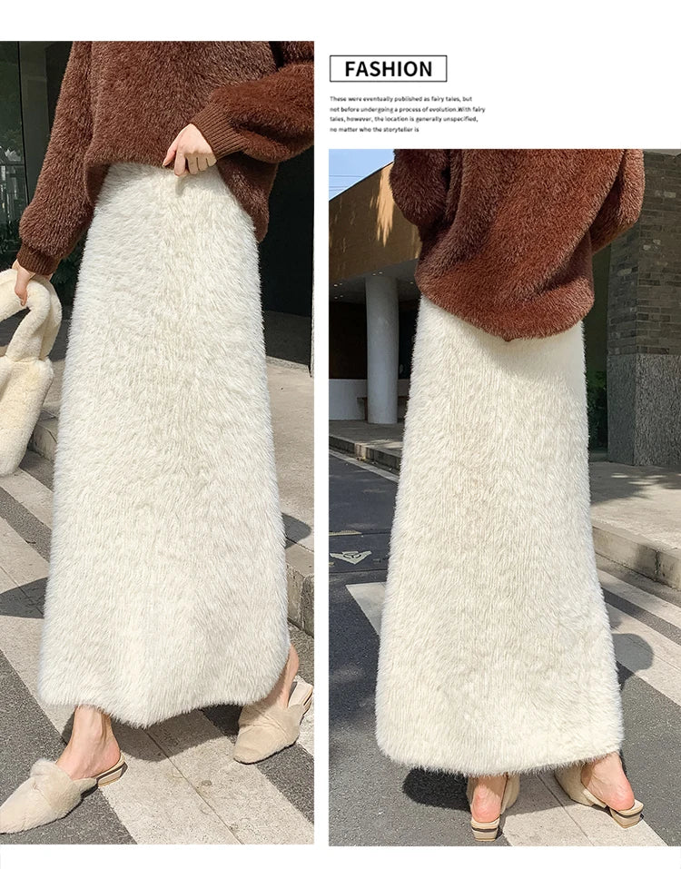 Autumn Winter New Knit Long Skirt Women Casual Thick Korean High Waist Soft A-Line Skirt.