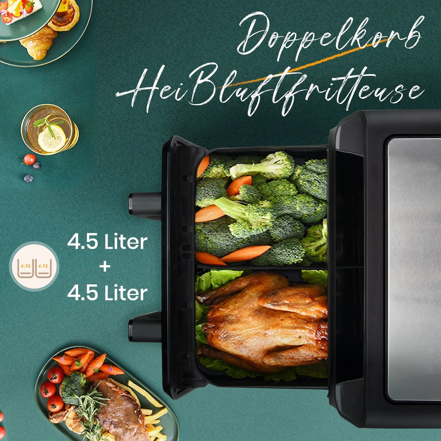 Sinaopus 2200W Hot Air Fryer Dual Basket 9 L XXL Multi-Function Air Fryer with LED Touch Screen Timable Auto Programmes.