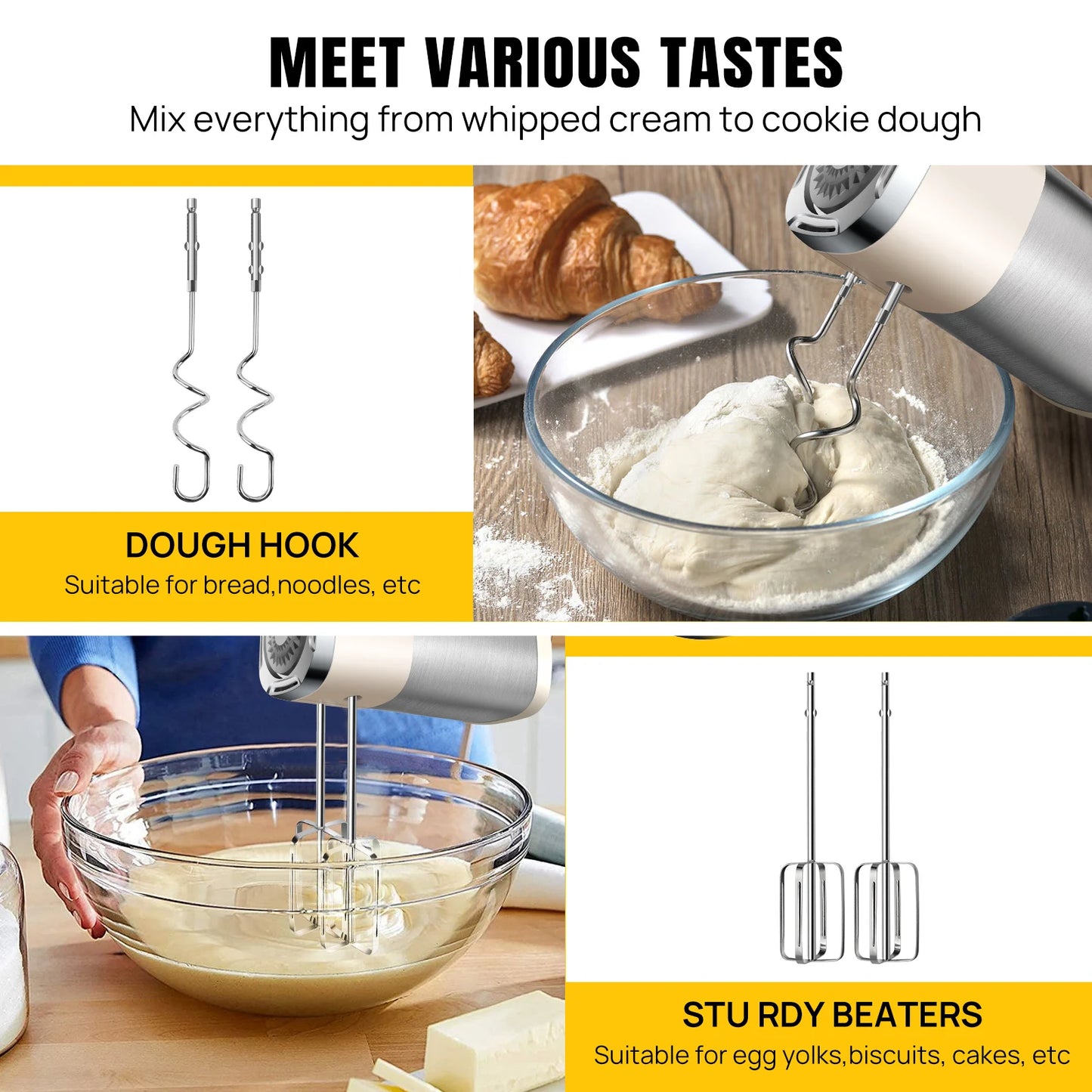 DayPlus Hand Mixer Electric,1500W Kitchen Mixers Turbo Boost/Self-Control ,5 Speed+Eject Button For Easy Whipping Dough,Cream.