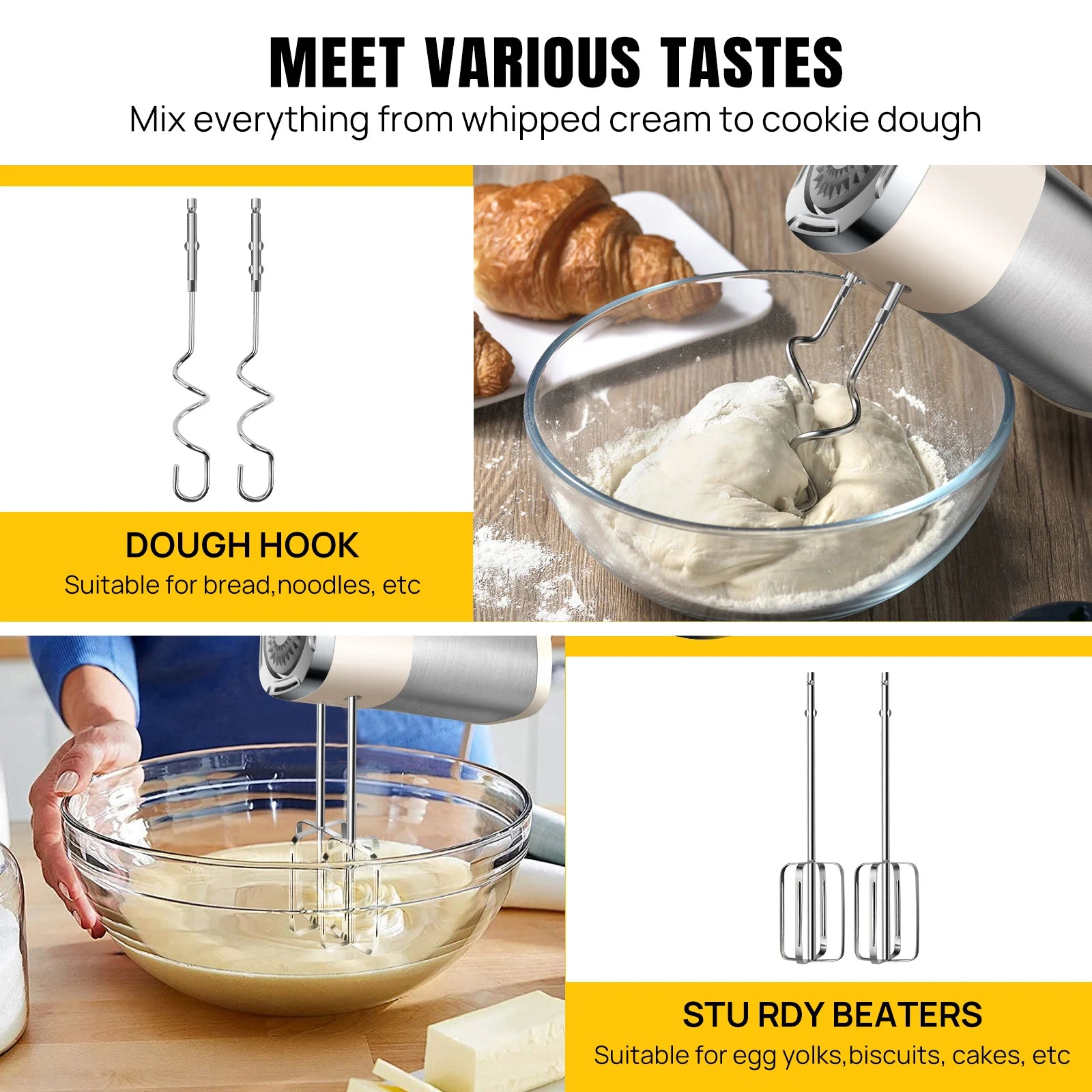 DayPlus Hand Mixer Electric,1500W Kitchen Mixers Turbo Boost/Self-Control ,5 Speed+Eject Button For Easy Whipping Dough,Cream.