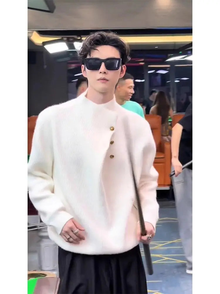 Irregular Button Turtleneck Sweater Men's Autumn and Winter Fashion Brand.