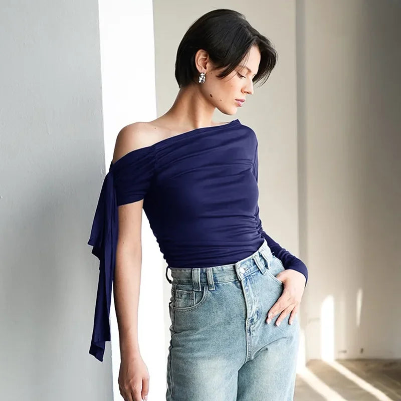 Y24TP610 Women's Autumn New Solid Color Crossbody Single Shoulder Top Sexy Asymmetric Single Sleeve T-Shirt From China.