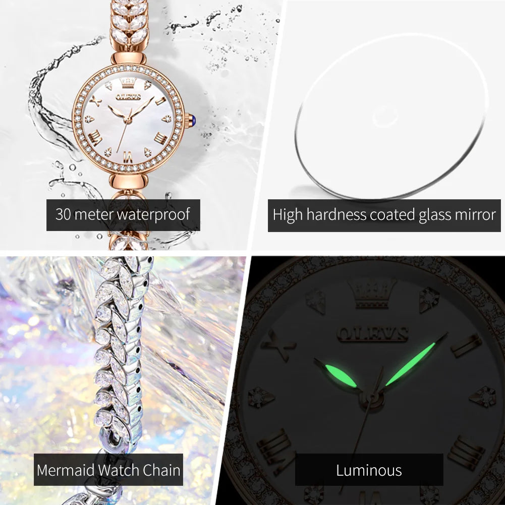OLEVS 9971 Women's Watches Elegant Fashion Original Wristwatch Waterproof  Fish Bone Strap Luminous Hand Diamond Bezel Reloj.