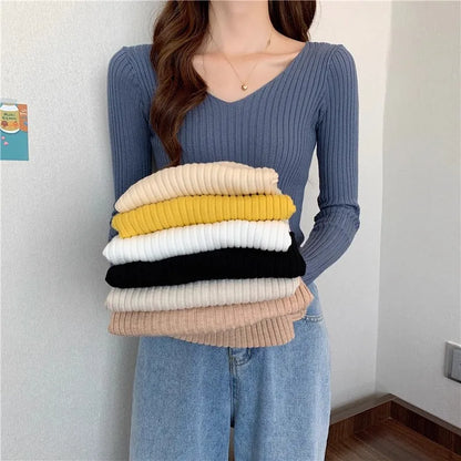 2025 einfarbig Schlank Pullover Koreanische Herbst Winter V-ausschnitt Pullover Mode Lässig Langarm Gestrickte Pullover Frauen Kleidung.
