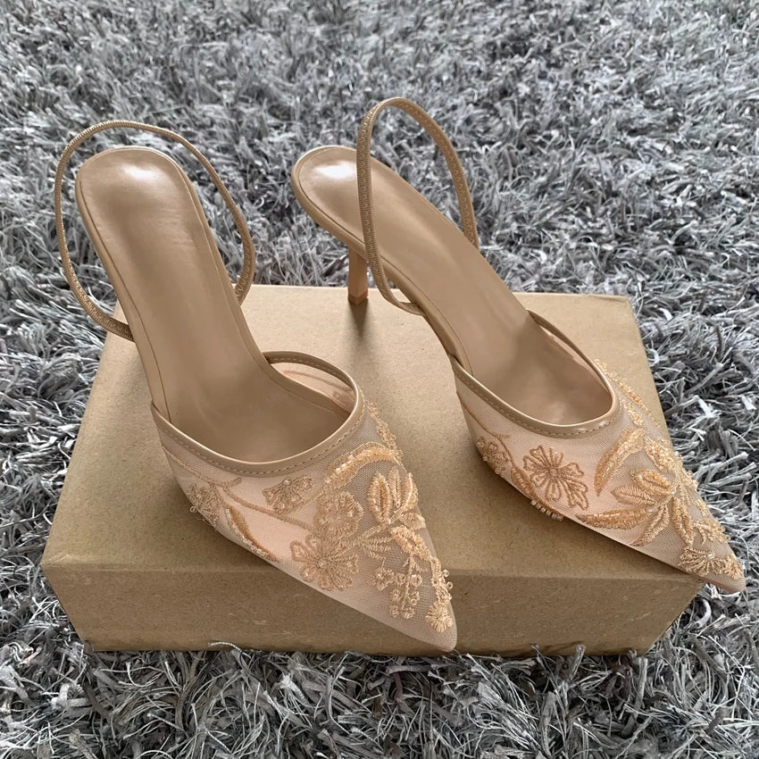Luxury Brand High Heels Women Sandals Mesh Embroider Elegant Pointed Ladies Slingback Evening Party Wedding Bridal Dress Shoes.