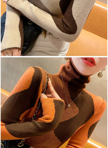 Women Clothing Vintage Fashion Slim Turtleneck Sweaters Autumn Winter Elegant Chic Patchwork Knit Pullovers Office Lady Tops.