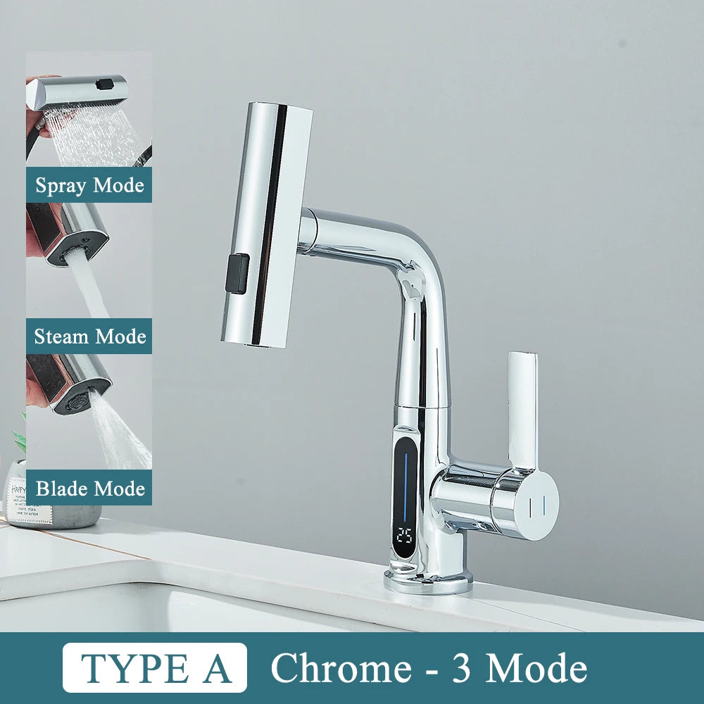 Waterfall Temperature Digital Display Basin Faucet Lift Up Down Stream Sprayer Hot Cold Water Sink Mixer Wash Tap For Bathroom