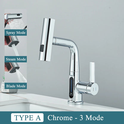 Waterfall Temperature Digital Display Basin Faucet Lift Up Down Stream Sprayer Hot Cold Water Sink Mixer Wash Tap For Bathroom