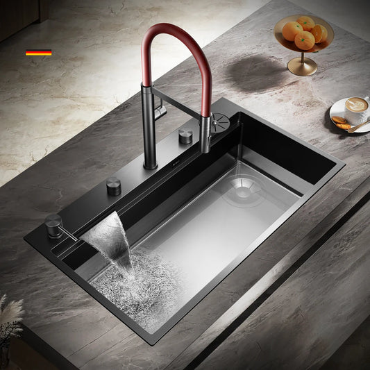 ASRAS large kitchen stainless steel nano sink with built-in waterfall faucet and large drainage outlet design