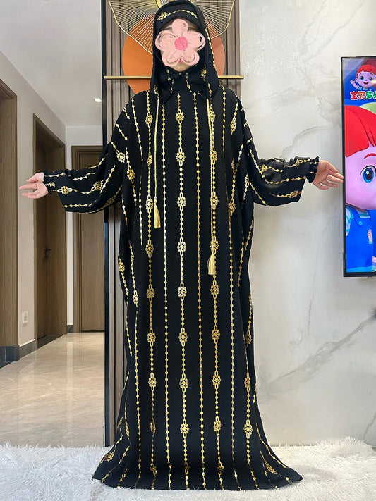 High Grade Cotton Fabric Ramadan Muslim Two-Hat Abaya Dubai Turkey Islam Prayer Clothes Gold Dust Dress Islam Women Dress Kaftan.