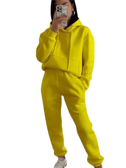 Women's Pocket Long-sleeved Hooded Sweatshirt Casual Set Autumn Winter New Solid Color Loose Sport Long Pants 2 Piece Set Female