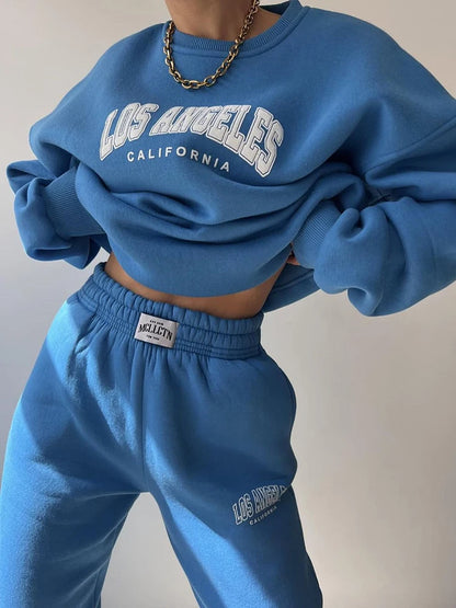 Warm Suit Autumn Winter Women Solid Set Elegant O-neck Pullover Hoodie And Pocket Trousers Two-Piece Set Lady Casual Loose Sets