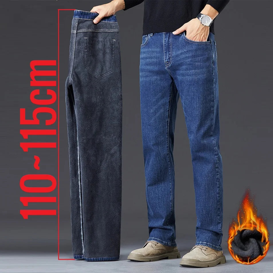 Tall Men Denim Pants Fleece Thick Warm Winter Stretch Jean Male Extra Long Length Leg Trouser 115cm 190cm Black Skinny Thin Slim.