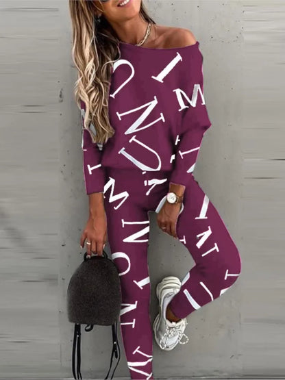Autumn New Women's Fashion Letter Print Sexy Off Shoulder Long Sleeved Leggings Long Pants Casual Comfortable Two-piece Set.