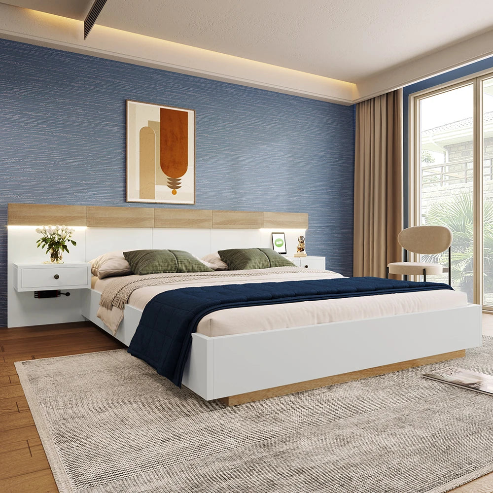 KOMHTOM Doppelbett-Bettkasten mit 2 LED-Nachtkommoden & USB-C-Steckdose, 180 x 200 cm Holzbett inkl (ohne Matratze)