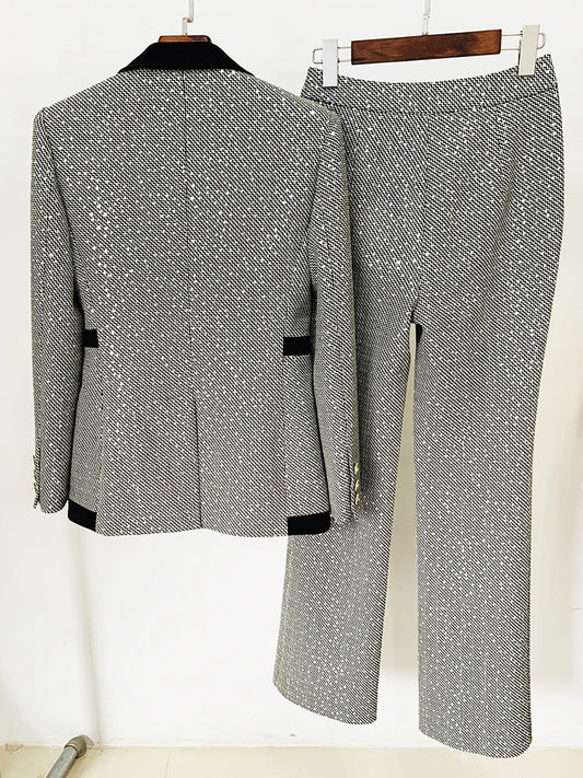 HIGH QUALITY 2025 Newest Designer Fashion Runway Suit Set Women Glitter Squined Blazer Jacket Pants Set.