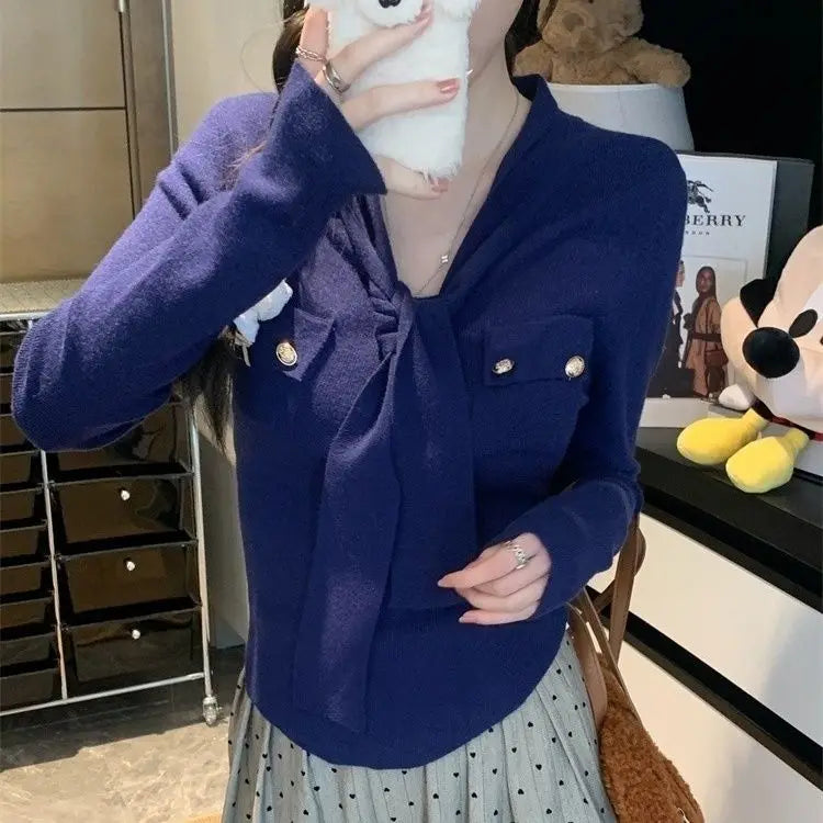 Frauen Frühling Herbst Einfachheit Büro Dame V-ausschnitt Einfarbig Langarm Strickwaren Damen Mode Alle-spiel Temperament Tops