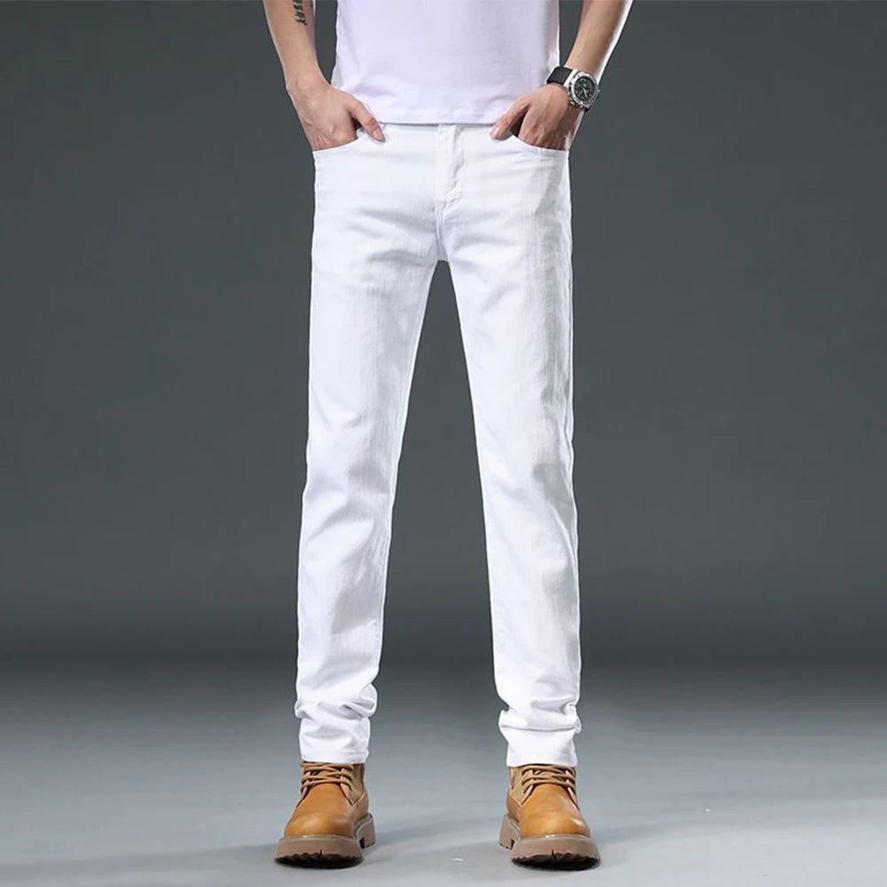 2025 Autumn Men's White Slim Fit Straight Jeans Casual Stretch Denim Pants Comfortable Fashion Streetwear Male Brand Clothing.