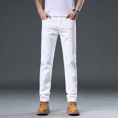 2025 Autumn Men's White Slim Fit Straight Jeans Casual Stretch Denim Pants Comfortable Fashion Streetwear Male Brand Clothing.