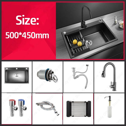 Schwarzes Nano-Waschbecken, einzelnes Waschbecken, kreative Küchenspülen aus Edelstahl, Abflussset für Zuhause, handgefertigtes Waschbecken, Küchenzubehör