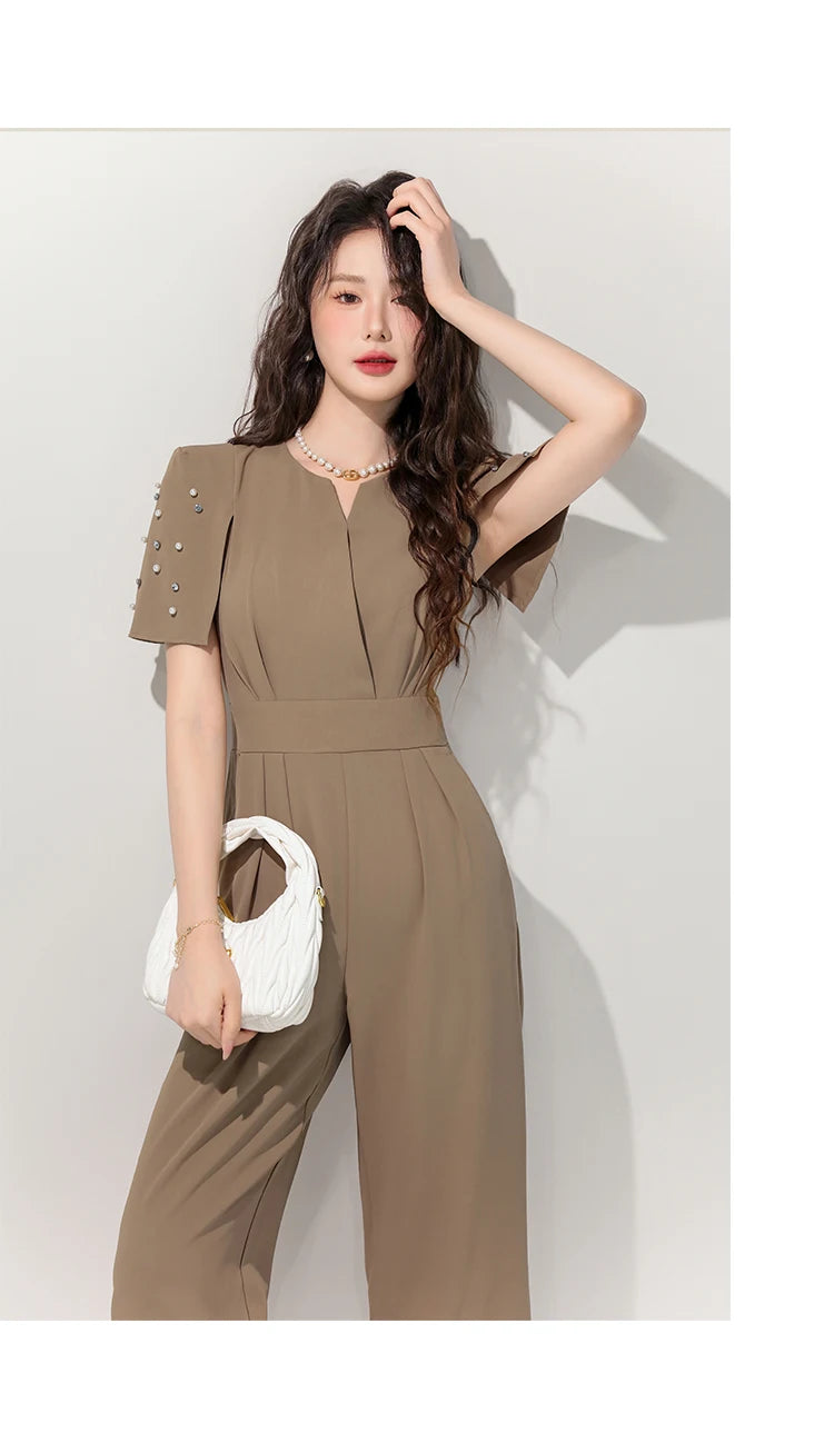 Women's Luxury Diamond-Studded Jumpsuit – Slim Fit Wide Leg Palazzo Pants, Autumn Short Sleeve Romper with High Waist.