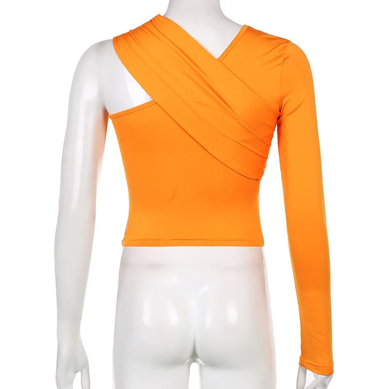 Personalized Street Hottie Single Shoulder Solid Color Top Sexy Off-the-shoulder Slim-fitting Long-sleeved Bottoming Shirt.
