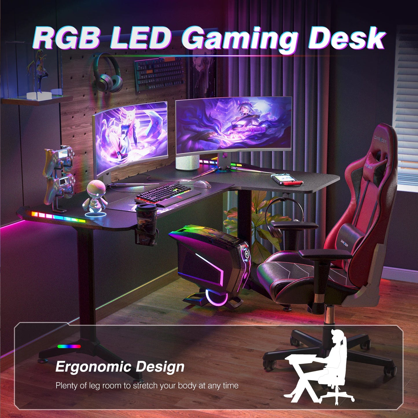 L-förmiger Computer-Gaming-Schreibtisch, RGB-LED-beleuchteter Tisch mit Kopfhörerhaken und Getränkehalter