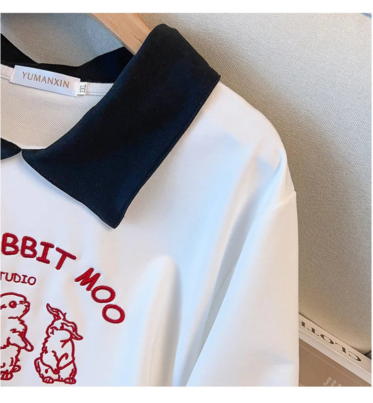 175kg plus size Damen büste Frühling Herbst loser Polo kragen Kaninchen besticktes Sweatshirt schwarz weiß 5xl 6xl 7xl 8xl 9xl.