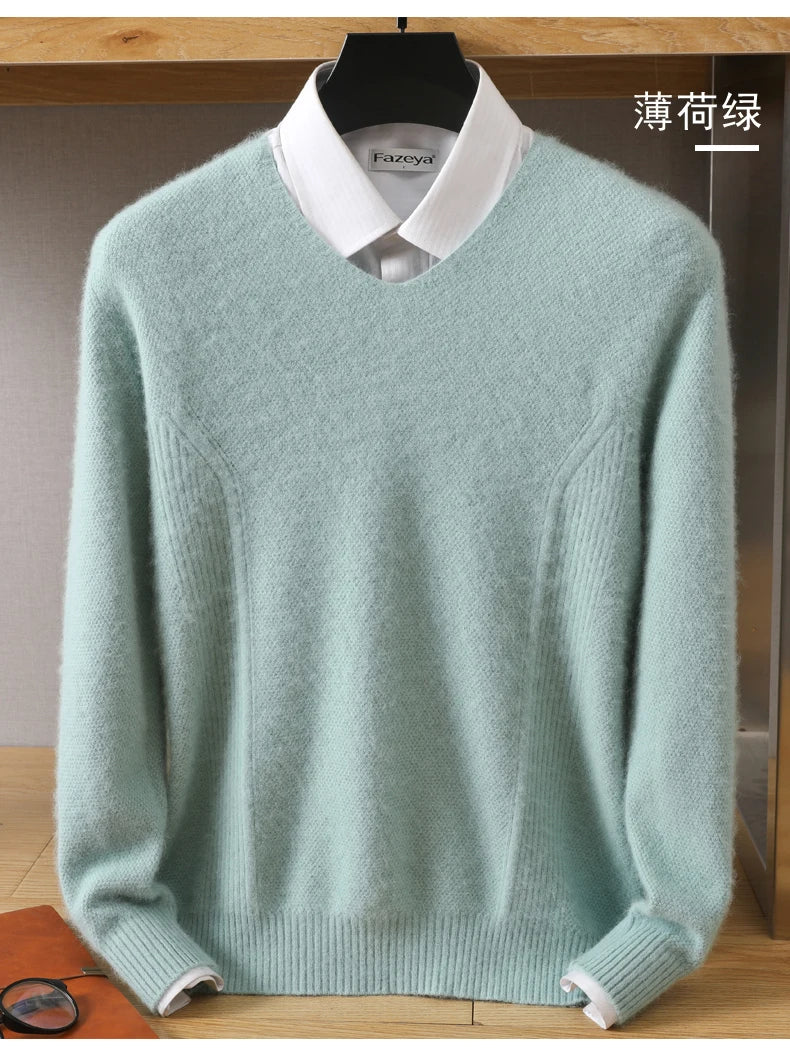Men's 100% Pure Mink Cashmere Sweater V-Neck Pullovers Knit Large Size Mink Sweater Winter New Tops Long Sleeve High-End Jumpers.