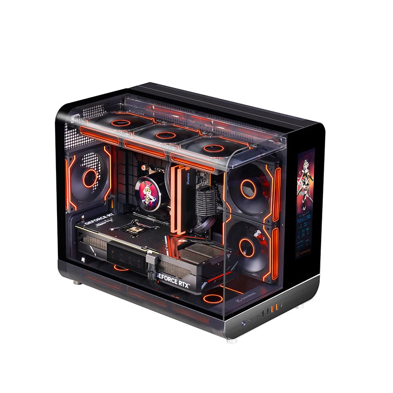 X-GAMERX HUANYI WING MATX Seaview room Case Vertical Desktop Computer 360 Water-cooled Chassis TYPE-C Interface With Screen.
