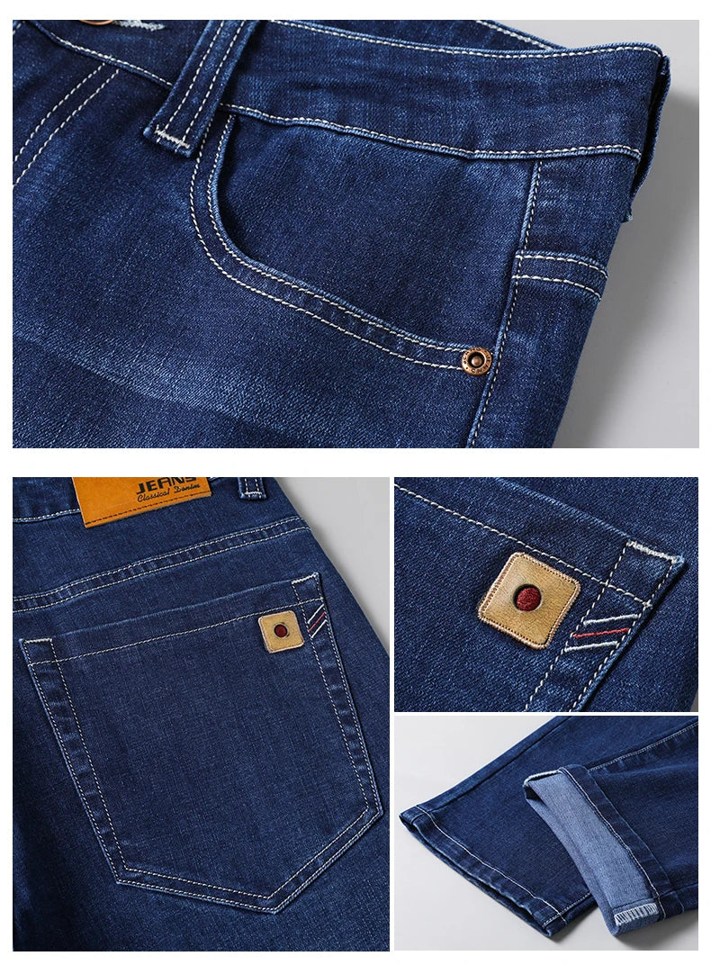 Große Größe 40, 42, 44, 46, lockere, gerade Jeans für Herren, Herbst, neue Business-Casual-Stretchhose, klassische blaue Denim-Hose für Herren.