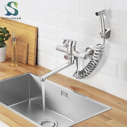 Kitchen Faucets Stainless Steel Wall Mounted Multifunctional Bathroom Basin Faucet Hot Cold  Water Mixer Taps With Spray Gun