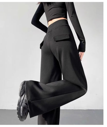 Graue Sporthose für Damen mit hoher Taille und lockerem, schlankem, geradem Bein und weitem Bein. Amerikanische Jogginghose..