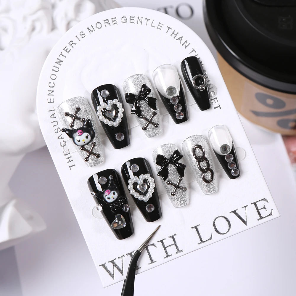 24Pcs 3D kuromi press on nails Y2K Cartoon Handmade Fake Nails Black Gel nail Wearable Nails Cinnamoroll Melody Anime False Nail.