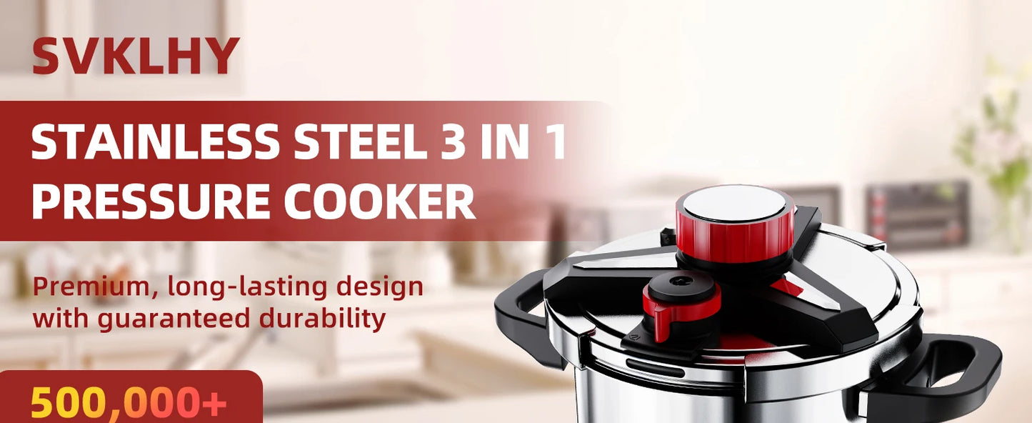 KITCHJOY 3in1 Stainless Steel Pressure Cooker 6L 8L 10L 12L Pressure Canner Induction Compatible Glass Lid Steamer Rack Included.