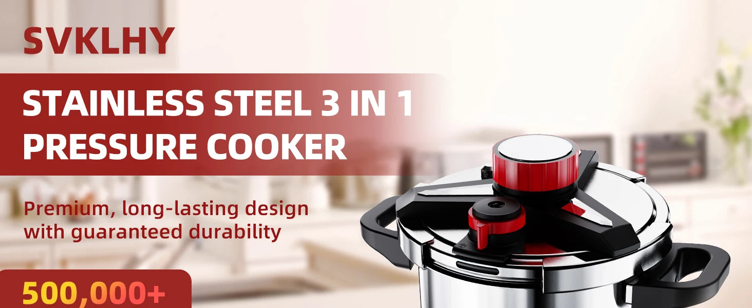 KITCHJOY 3in1 Stainless Steel Pressure Cooker 6L 8L 10L 12L Pressure Canner Induction Compatible Glass Lid Steamer Rack Included.