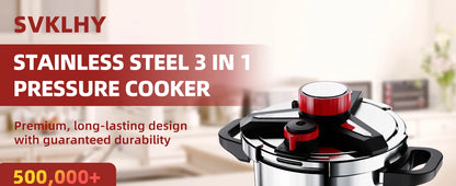KITCHJOY 3in1 Stainless Steel Pressure Cooker 6L 8L 10L 12L Pressure Canner Induction Compatible Glass Lid Steamer Rack Included.