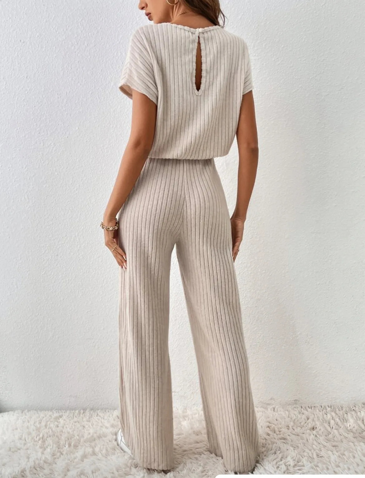 Two Piece Pant Sets Women Straight Pants Tops Pullover Short Sleeve Round Neck Spliced Top Solid Casual Streetwear Summer