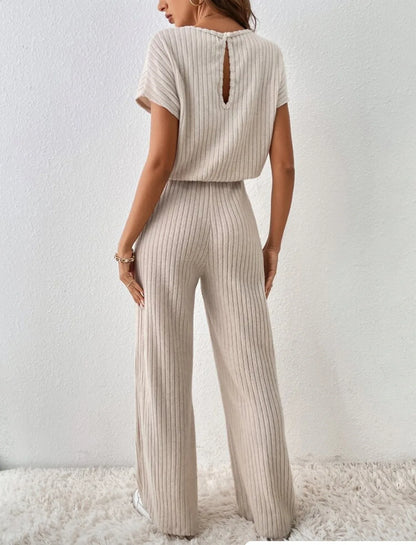 Two Piece Pant Sets Women Straight Pants Tops Pullover Short Sleeve Round Neck Spliced Top Solid Casual Streetwear Summer