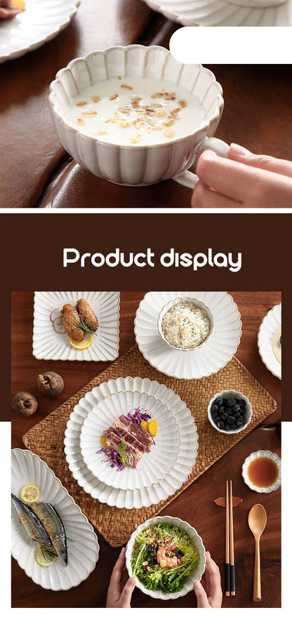 1pcs Retro Ceramic Dishes Plates Fish Dish Plates Manual Flower Relief Living Room Dinner Plate Kitchen Fruit Salad Dish Bowl.