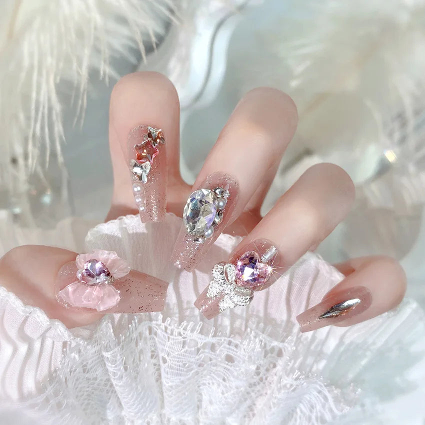 Blush Pink False Nails Bowknot Diamond Pearl 3D Design Press on Nail Tips with Harmless Smooth Edge Nails Woman DIY Fake Nails.