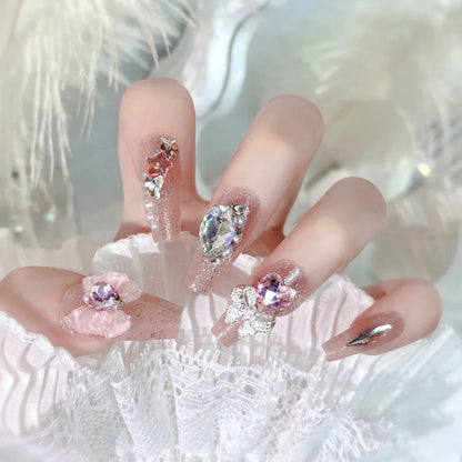 Blush Pink False Nails Bowknot Diamond Pearl 3D Design Press on Nail Tips with Harmless Smooth Edge Nails Woman DIY Fake Nails.