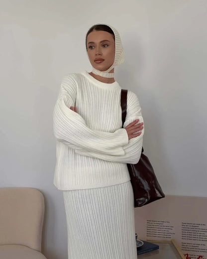 Hirsionsan Soft Elegant Vintage Women Suits 3 Pieces Female Sets O Neck Sweater & Wild Leg Pants with Scarf Knitted TrackSuit