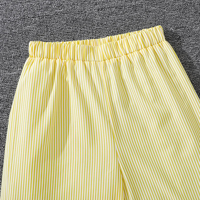 Spring Hot Sale Kids Outfit 4-12 Years Girls Striped Long Sleeve Chemise + Casual Loose Straight Leg Pants Shirt Suit 2Pcs Set.